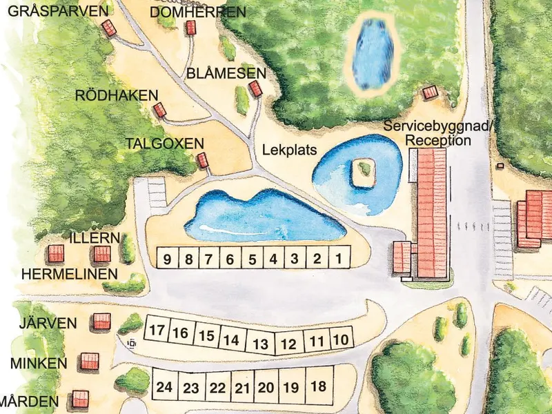 Utsnitt ur den målade kartan över campingen med platser, dammar och receptionen