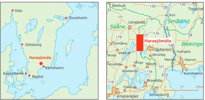 Översiktskartor som visar Harasjömåla i södra Sverige, nordväst om Olofström mellan Skåne, Småland och Blekinge